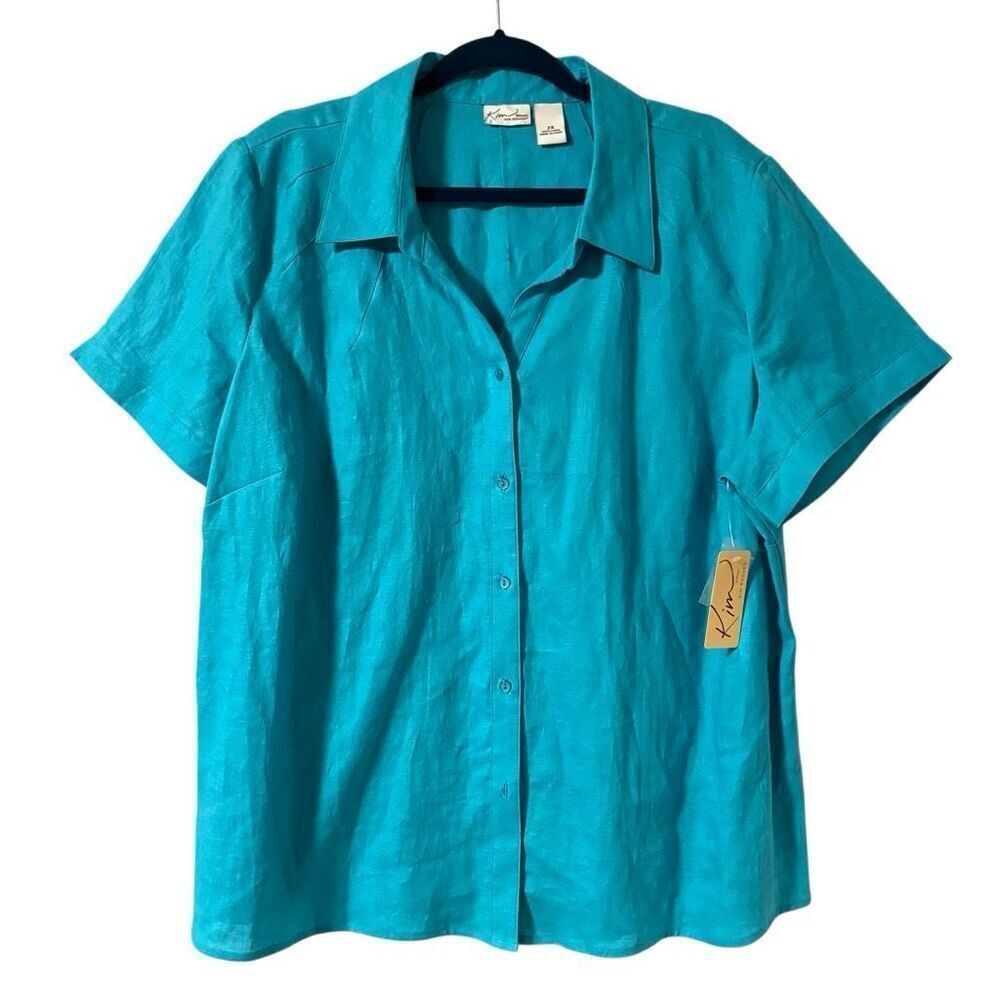 Kim Rogers Woman 2X NEW 100% Linen Aqua Blue Short Sleeve button front blouse